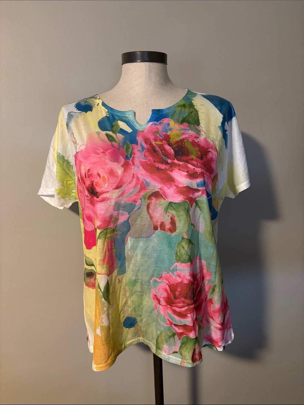 breckenridge Pink Floral Watercolor Short Sleeve Tee with Blue Accents
